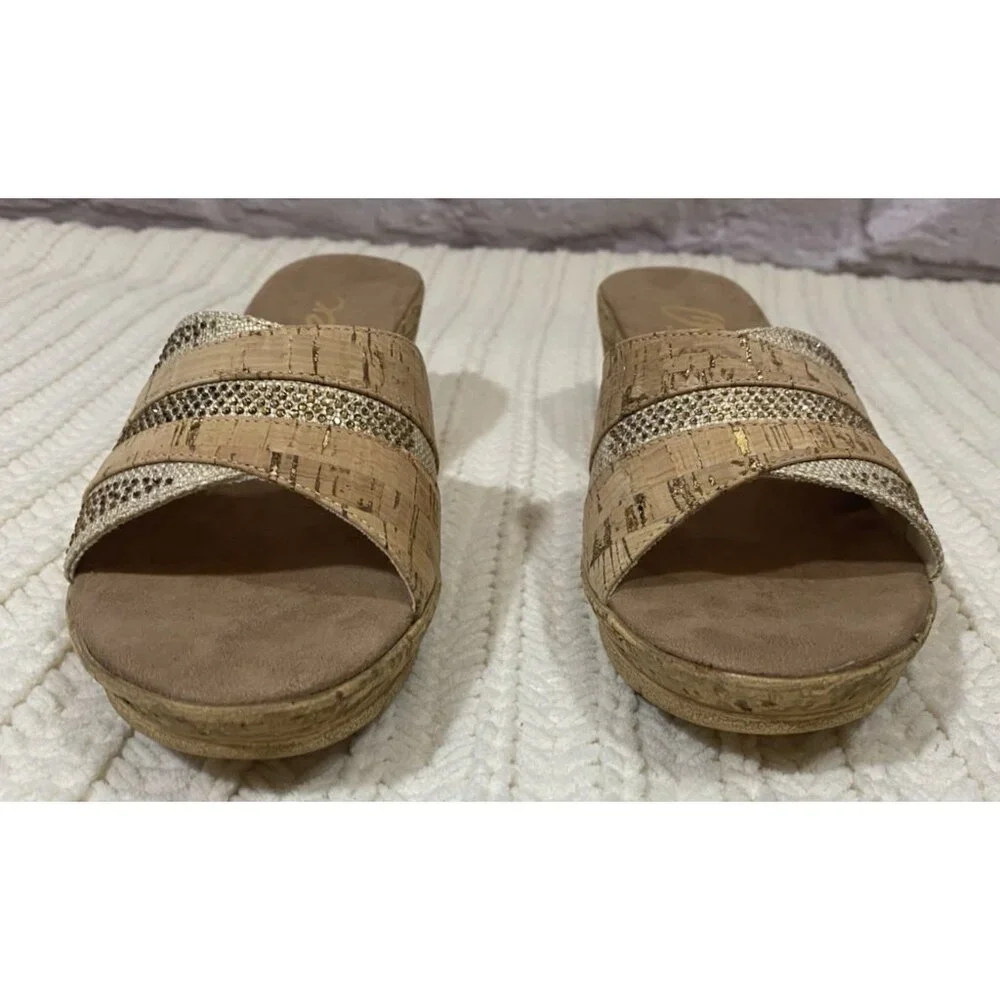 Onex Blanche Linen Stones Cork Wedge Sandals Shoes Made in Italy Womens 11 - Picture 9 of 13